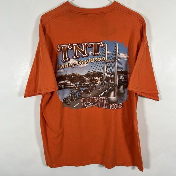 VTG 2001 Harley Davidson T Shirt Men XL Orange TNT Quincy IL Double Sided STAINS - Picture 1 of 15